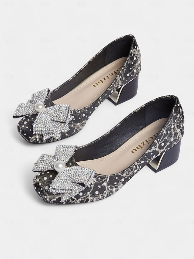 and Detail Gold Pumps with Black Bow Pearl-Embellished –