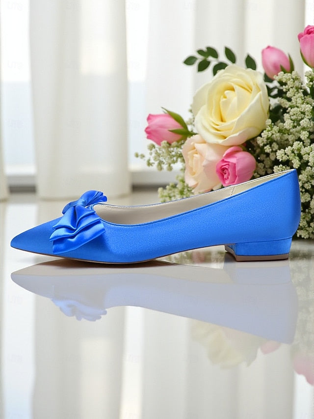 Satin Toe Pointed Green Bow Elegant - Women's Flats