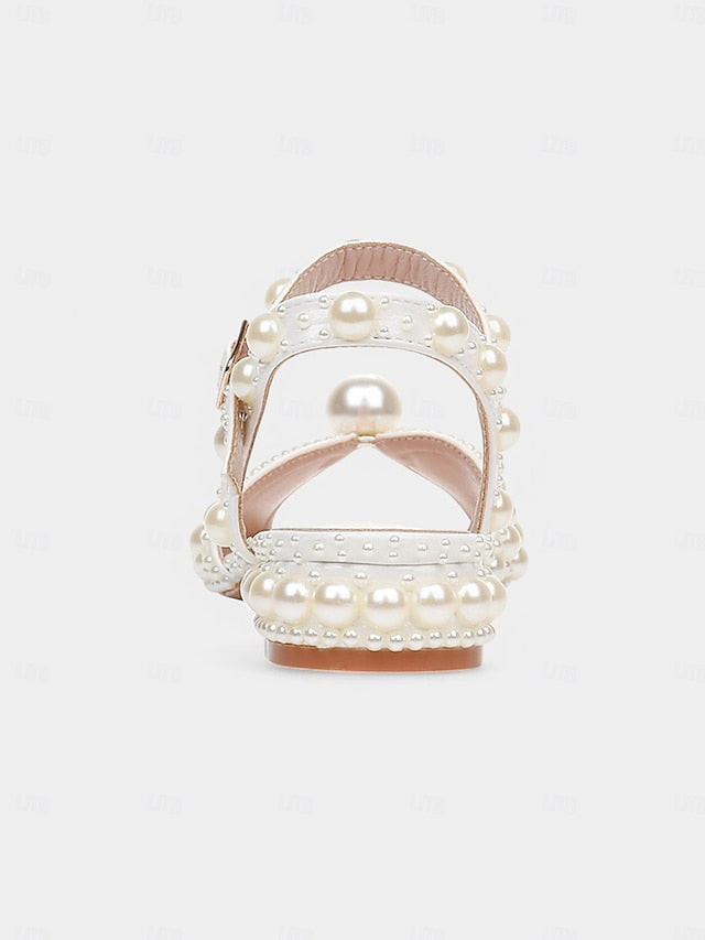 – Heel Women's Sandals Low White Pearl-Embellished