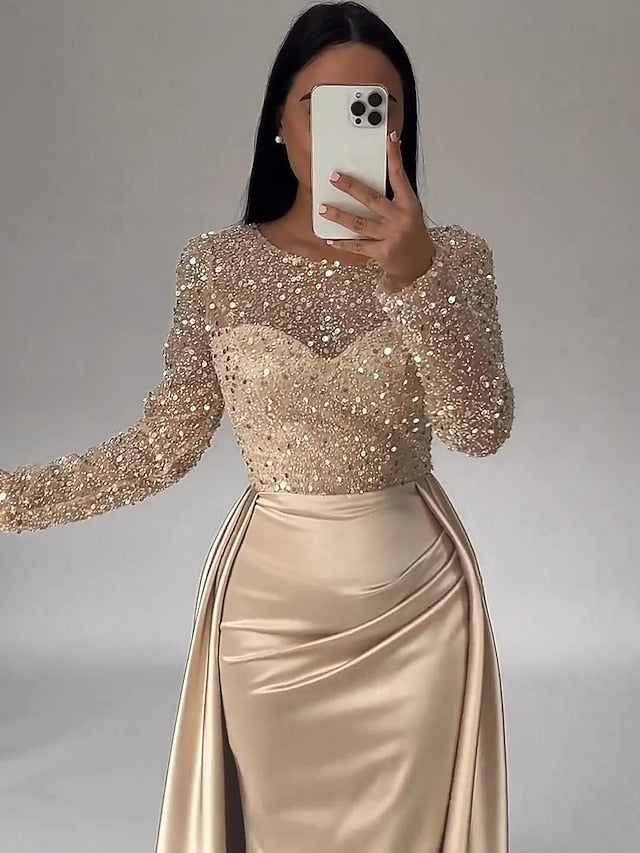 Evening Long Dress Gown Mermaid RuchedSatin Sleeves Sequin