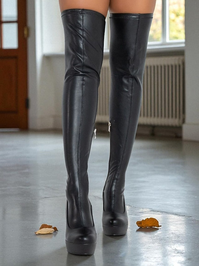 Black Heel Faux Over Boots Knee - Women's the Wedge Leather