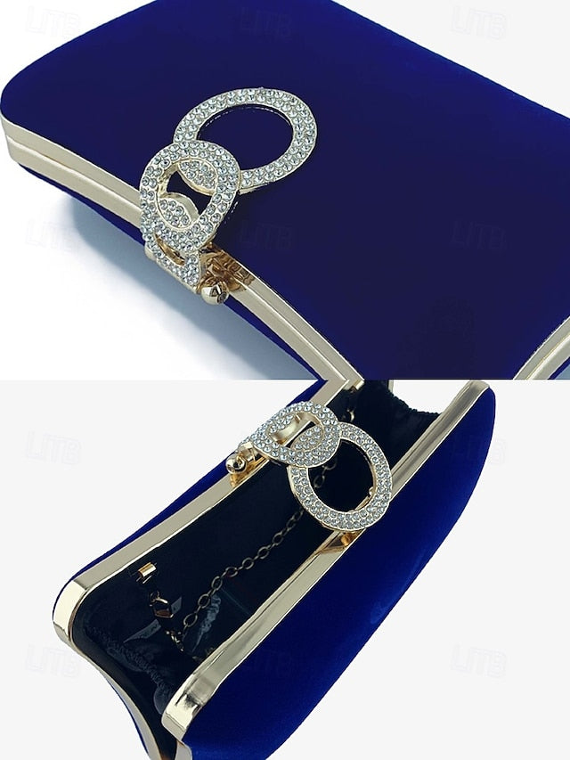 Blue Velvet Rhinestone Bag Women's Clutch with Elegant Ring