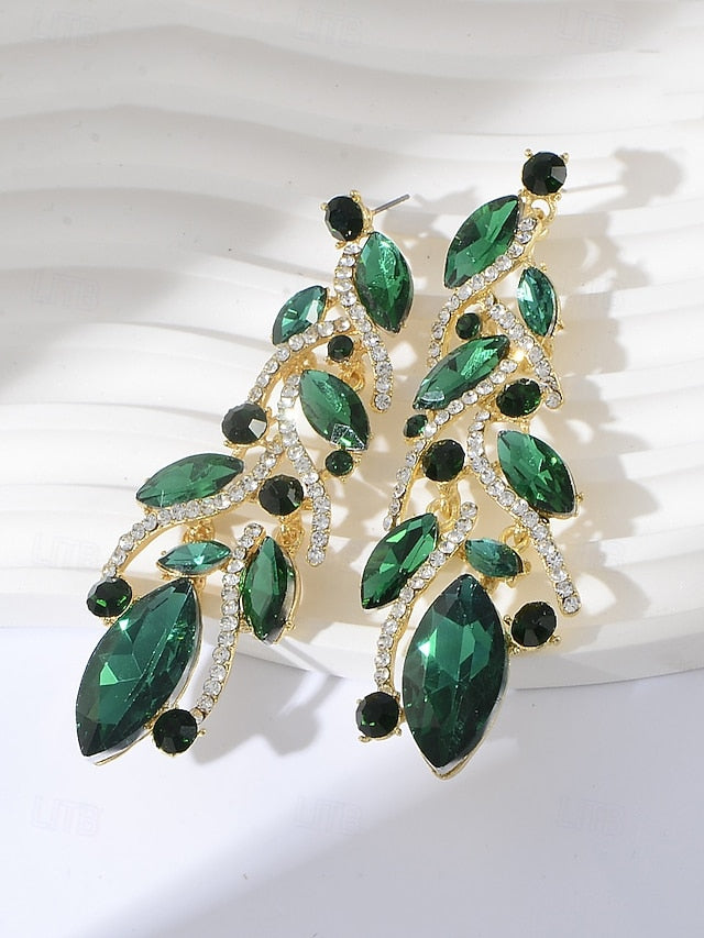 Leaf Design Earrings Women's Gold Elegant Crystal -