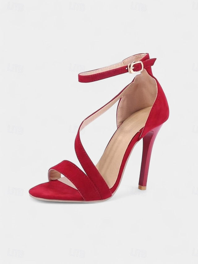 Women's Sandals Stiletto Suede Strappy Open-Toe High Red -