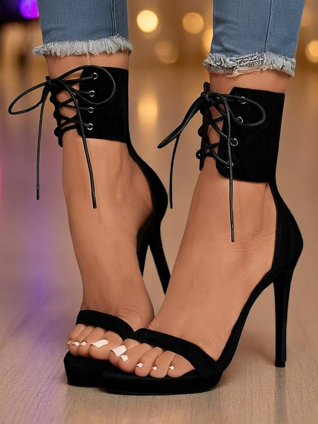 Heel Women's High Lace-Up Sexy Strap - Ankle Black Sandals
