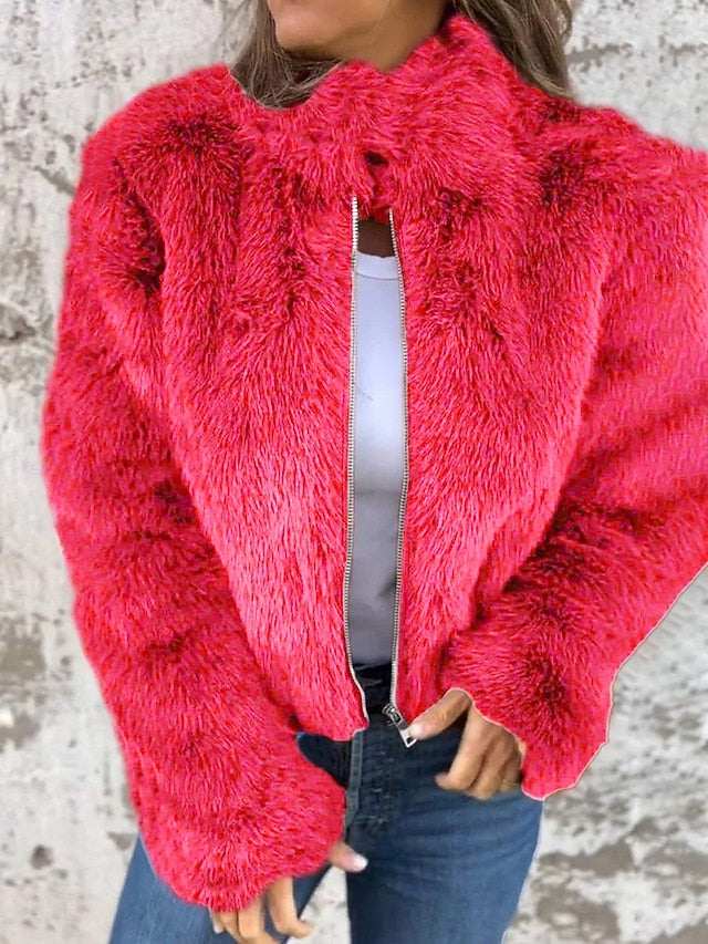 Breathable Casual Plain Faux Women's Fur Coat Warm Zipper