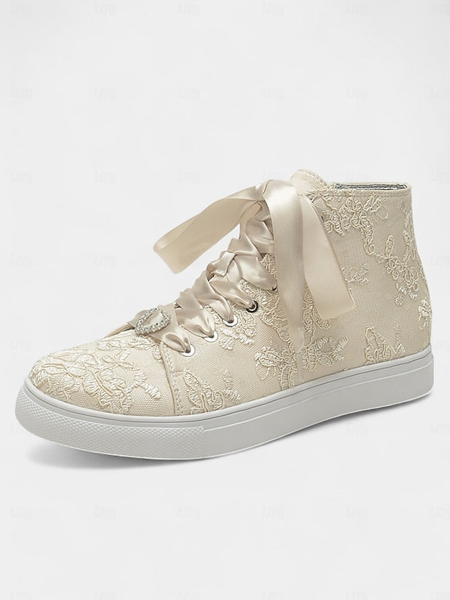 Women's Wedding Sneakers Ribbon Lace Satin with Ivory Laces