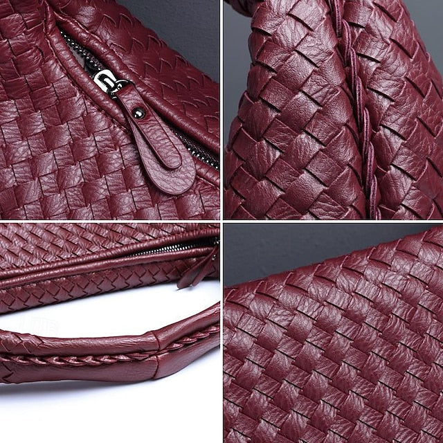 Woven Bag Faux – Burgundy Leather Hobo Women's Chic