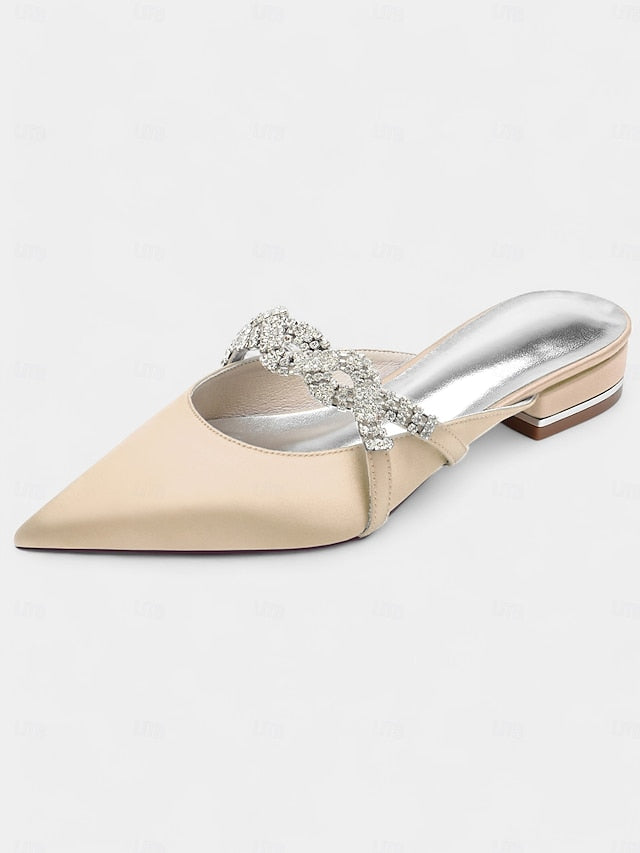 with Pointed-Toe Blue Detailing Mule Rhinestone - Satin Heels