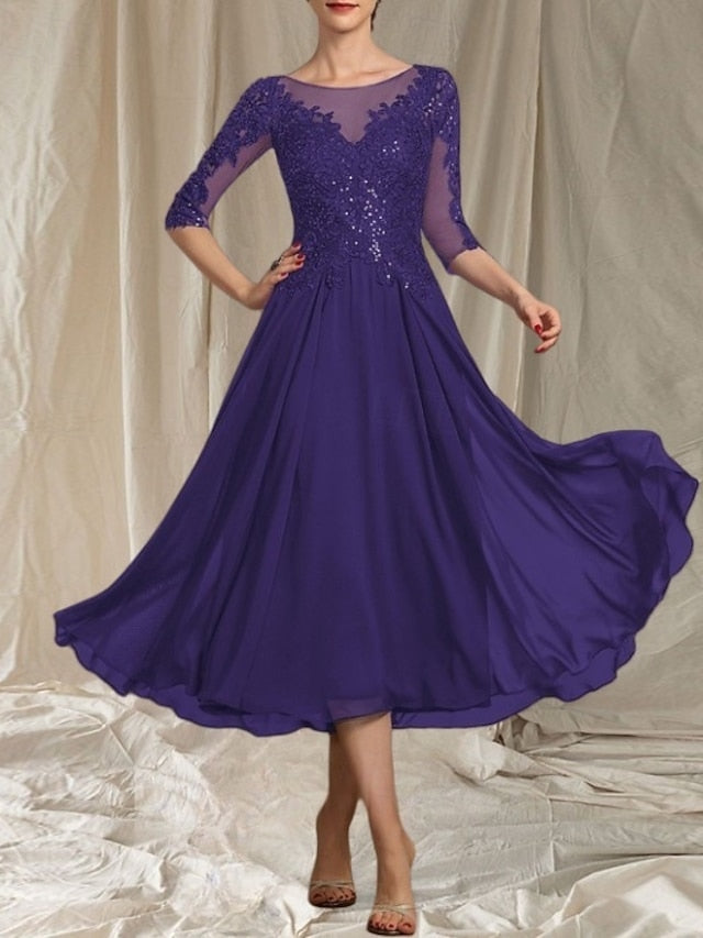 of the Bride Mother Crew Dress Neck Elegant Guest A-Line Wedding