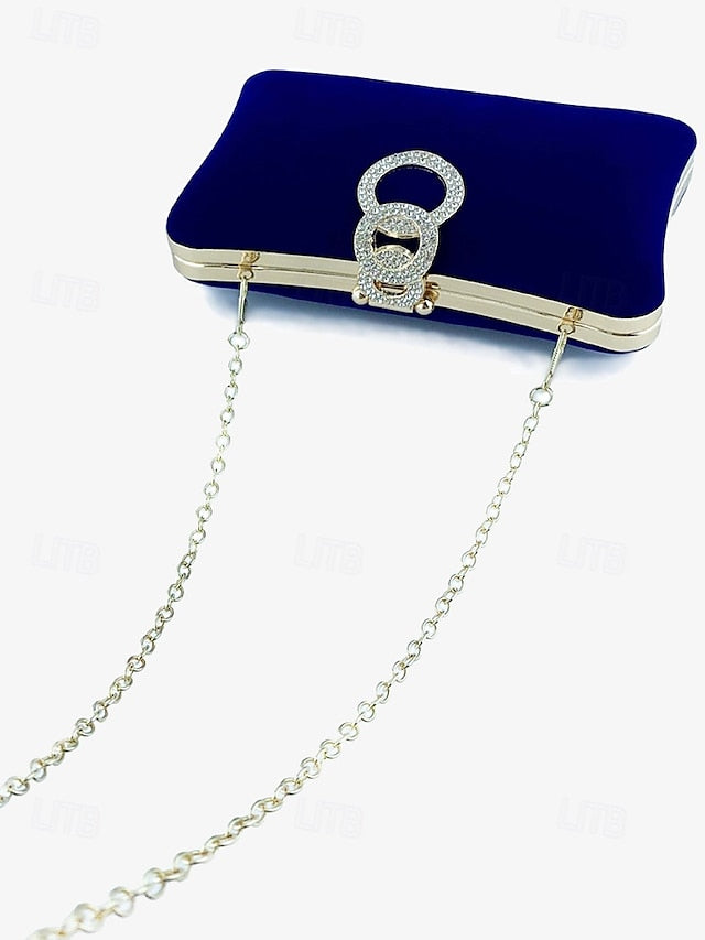Blue Velvet Rhinestone Bag Women's Clutch with Elegant Ring