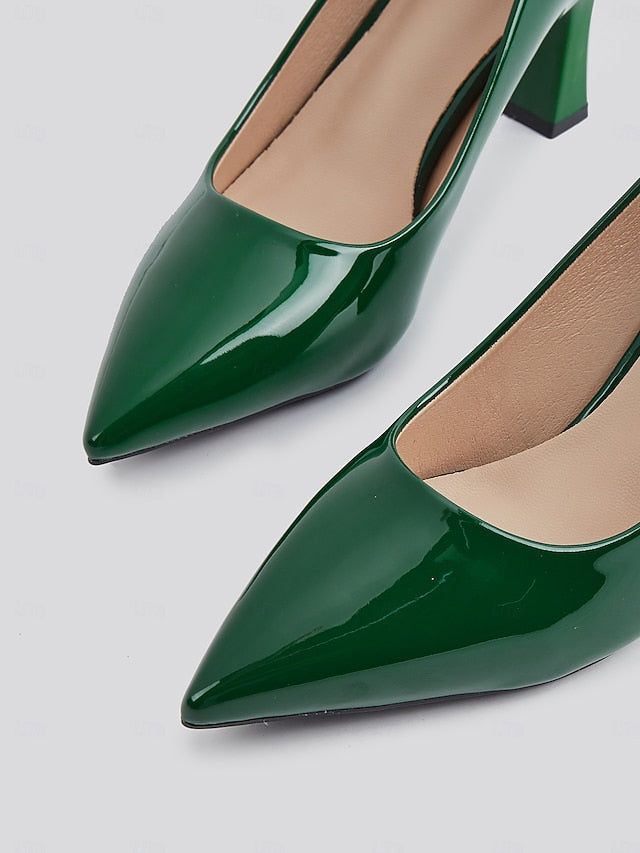 Pumps Patent Faux Pointed-Toe Heel Glossy Leather Green Block
