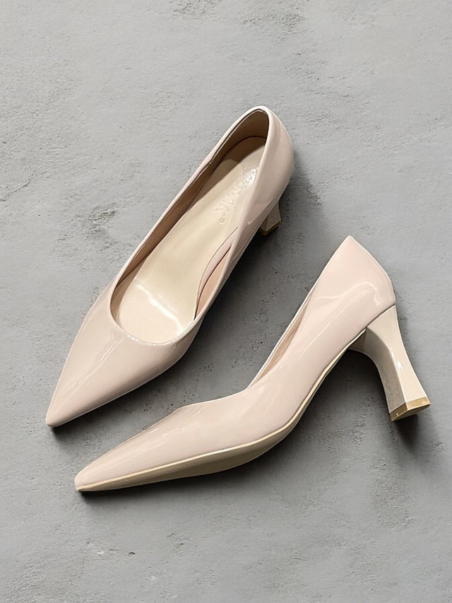 Pumps Patent Faux Pointed-Toe Heel Glossy Leather Green Block