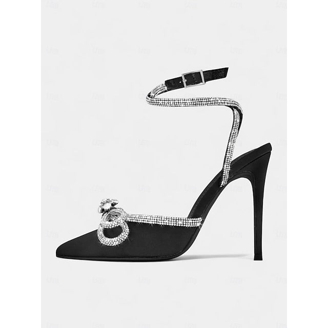 and Heels Rhinestone Bow Stiletto with Satin Women's Black