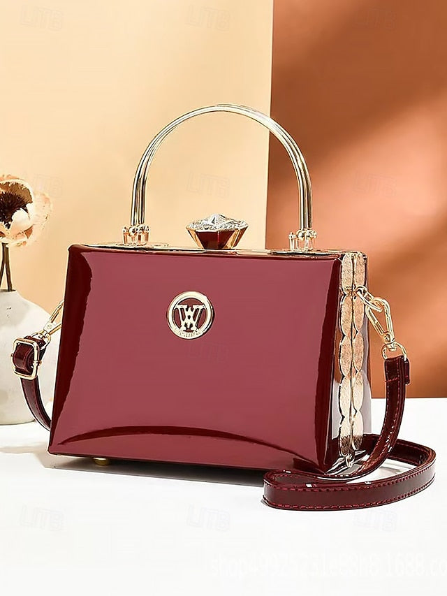 Handbag with Patent Evening Burgundy Gold Women's Leather