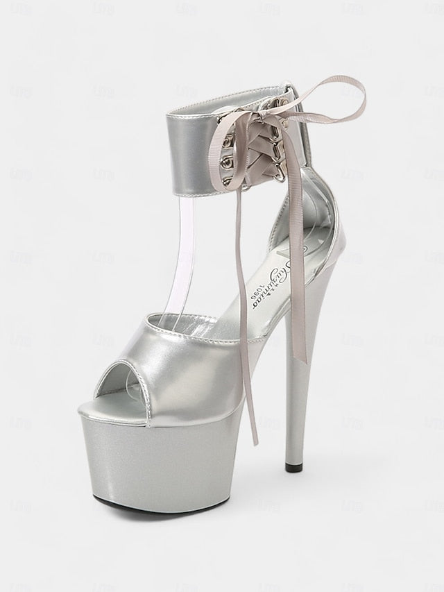 Straps Black Leather Ankle Lace-Up with Patent Sandals Platform