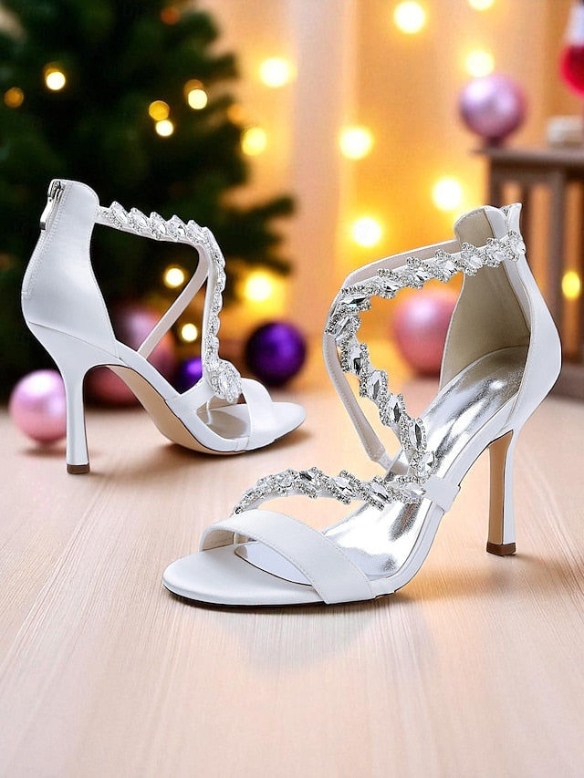 Strappy Rhinestone White Heel Sandals - High Women's