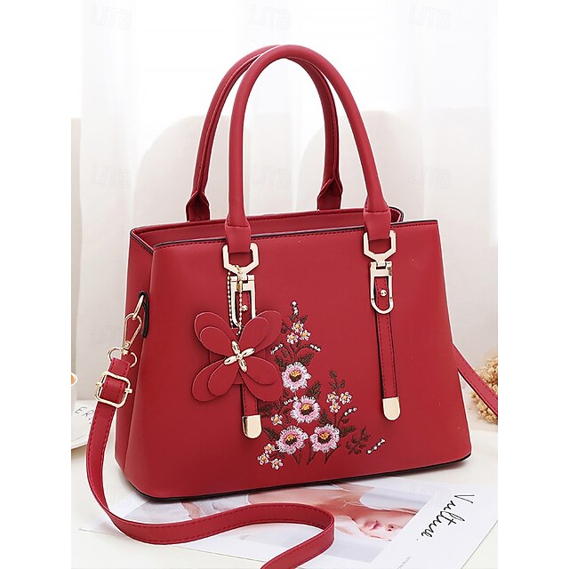 Faux Women's Handbag Embroidery Floral with Leather Green