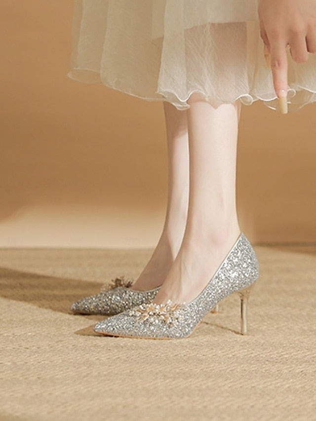 with Women's Glitter Floral Heels Silver Stiletto