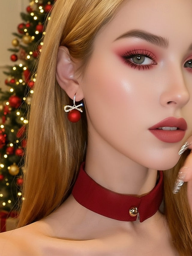 Christmas Rhinestone Pearl Bow Earrings and with Women's