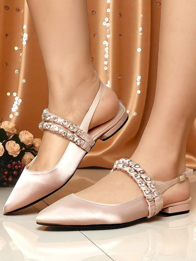 Toe Flats Satin - Women's Rhinestone Slingback Pointed