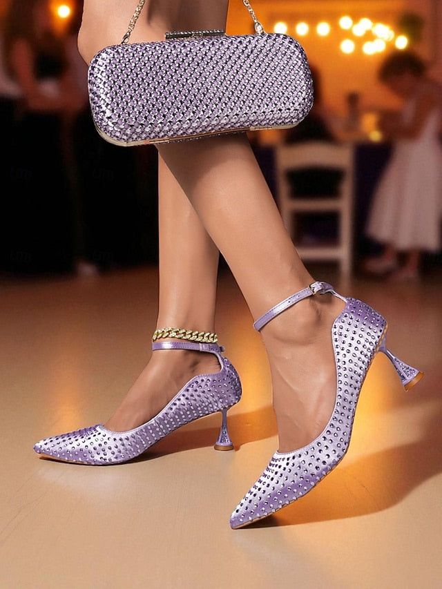 Clutch Bag Matching Women's Green and Heels Rhinestone Set