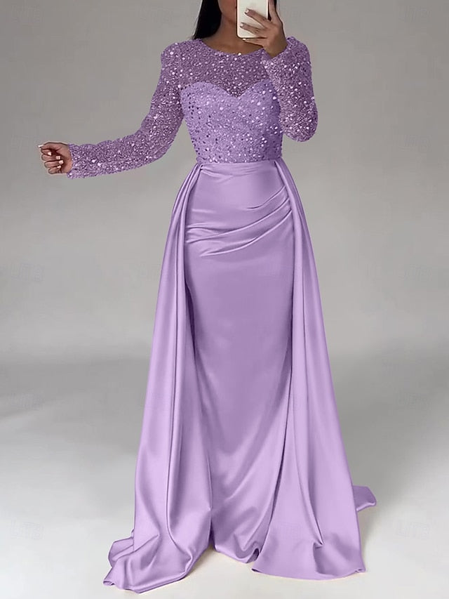Evening Long Dress Gown Mermaid RuchedSatin Sleeves Sequin