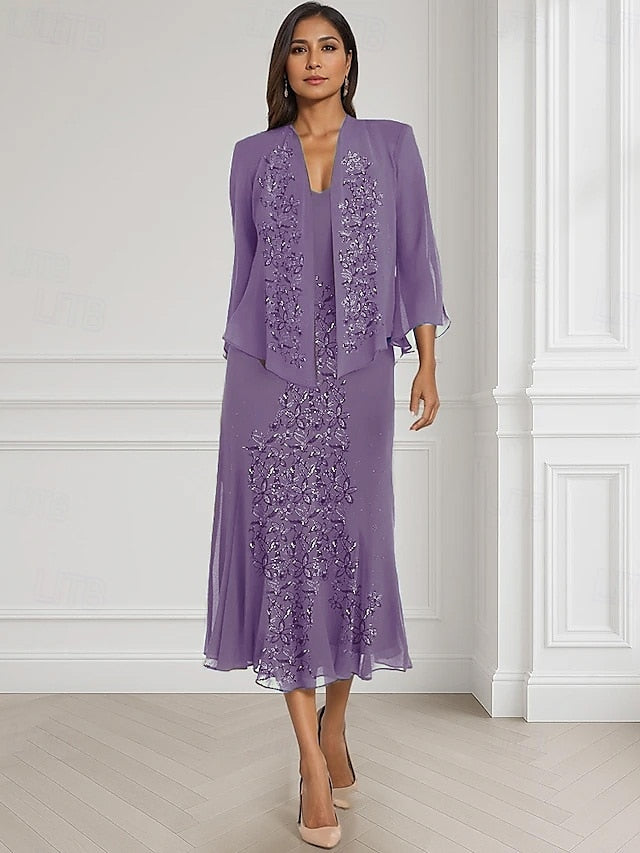 Dress Mother Two Piece the Neck Square A-Line of Bride Elegant