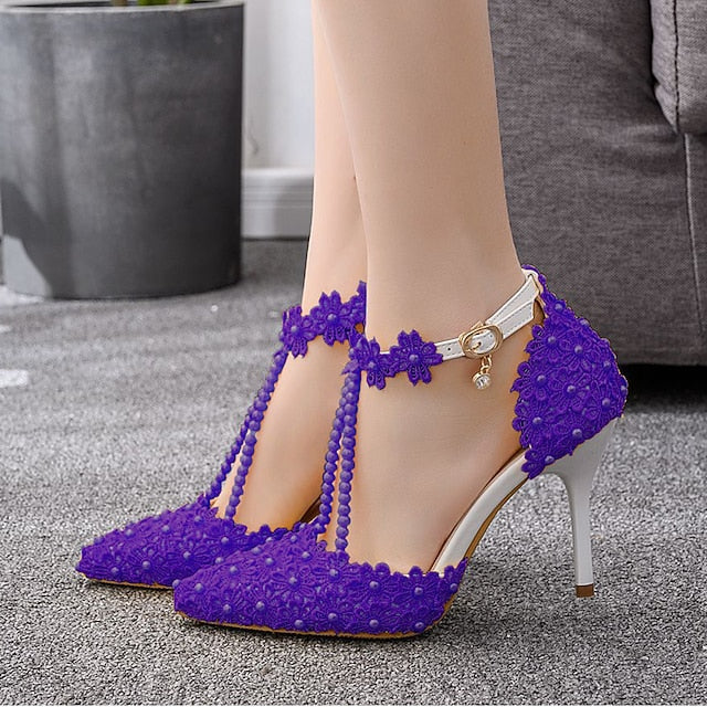 Wedding Shoes Heel Pointed High Women's Lace Bridal