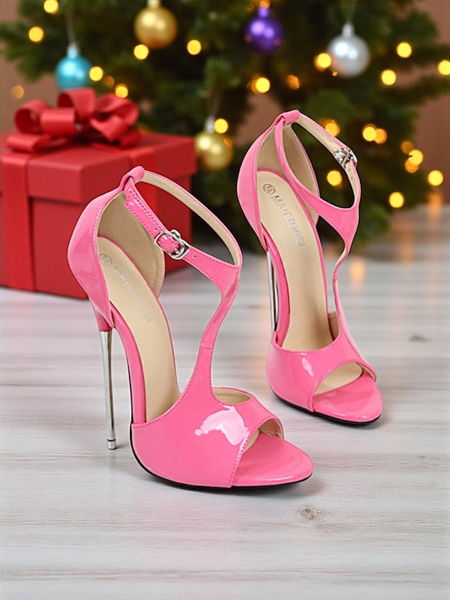 Stiletto Red Leather Strappy - Open Patent Heels Women's