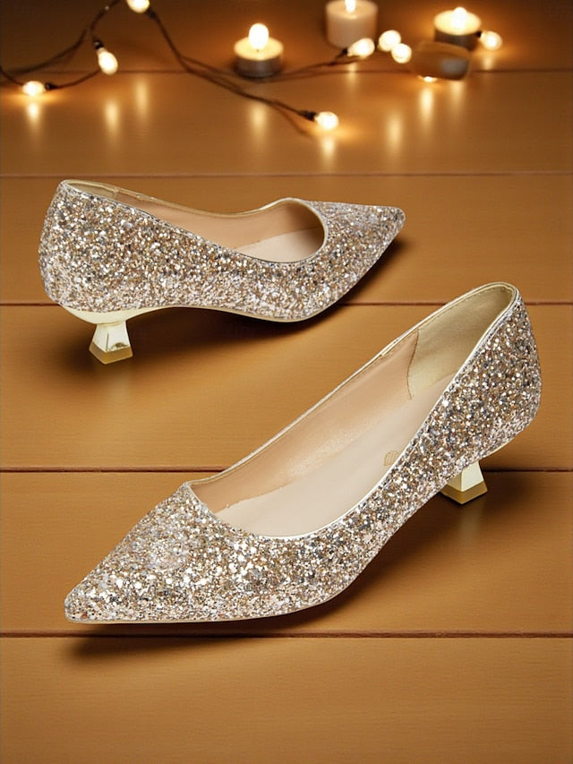 Glitter Pointed Pumps Low Women's - Sparkly Toe Heel