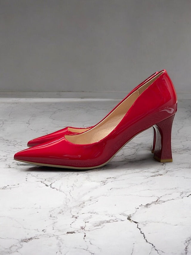 Pumps Patent Faux Pointed-Toe Heel Glossy Leather Green Block