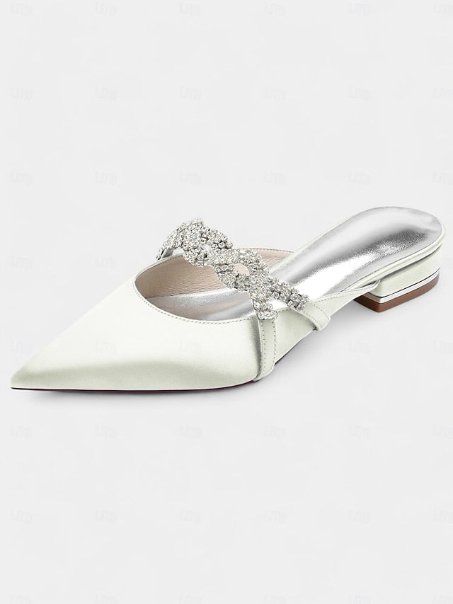 with Pointed-Toe Blue Detailing Mule Rhinestone - Satin Heels