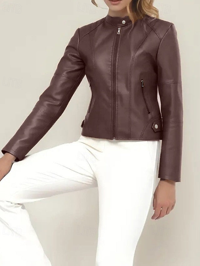 Faux Jacket Pocket Comfortable Leather Zipper Women's