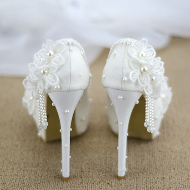 White Floral Platform Heels Wedding Lace with Women's