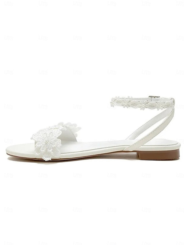 Straps Open-Toe Block Floral Sandals White Ankle Flats with Lace