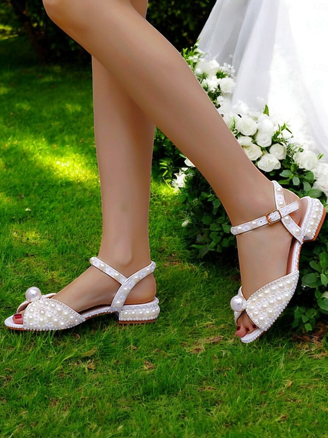 – Heel Women's Sandals Low White Pearl-Embellished