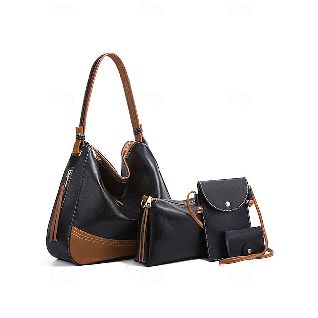 Faux Leather Shoulder 4-Piece Handbag Bag Women's – Set