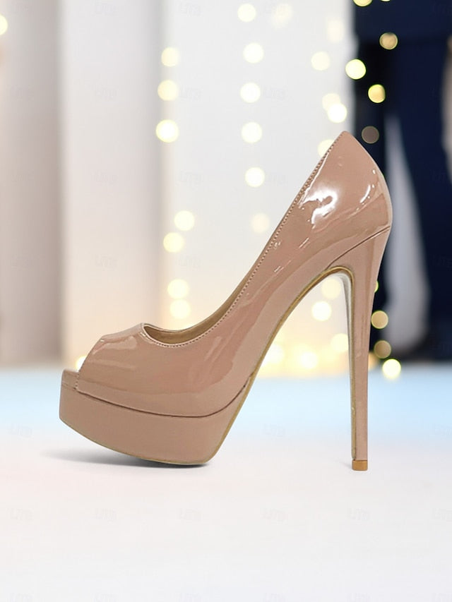 Peep Toe Heels High Black Platform Women's Leather Patent