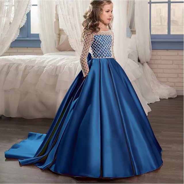 Color Girls' Party Long Girl Solid Kids Flower Dress