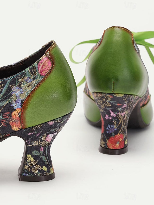 Mary Jane Green Heels Women's Print Floral Leather with