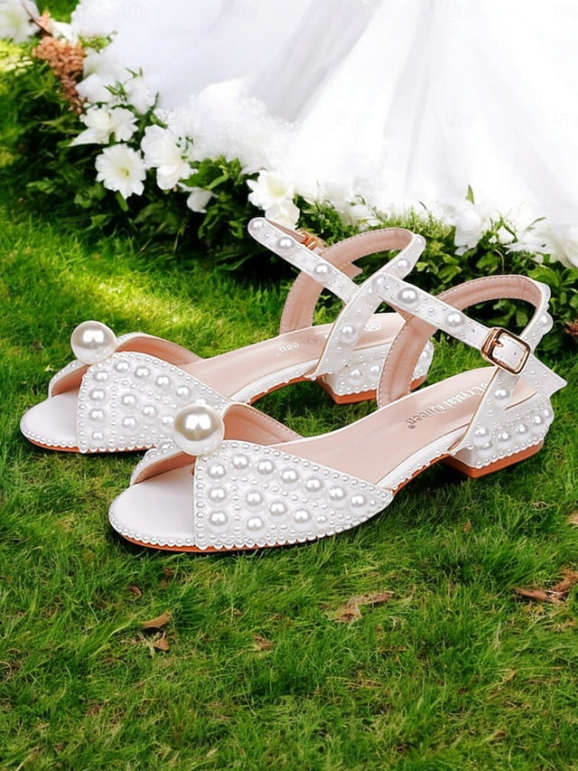 – Heel Women's Sandals Low White Pearl-Embellished