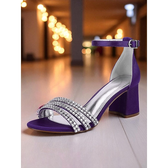 with Sandals Women's Block Heel Purple Rhinestone Satin