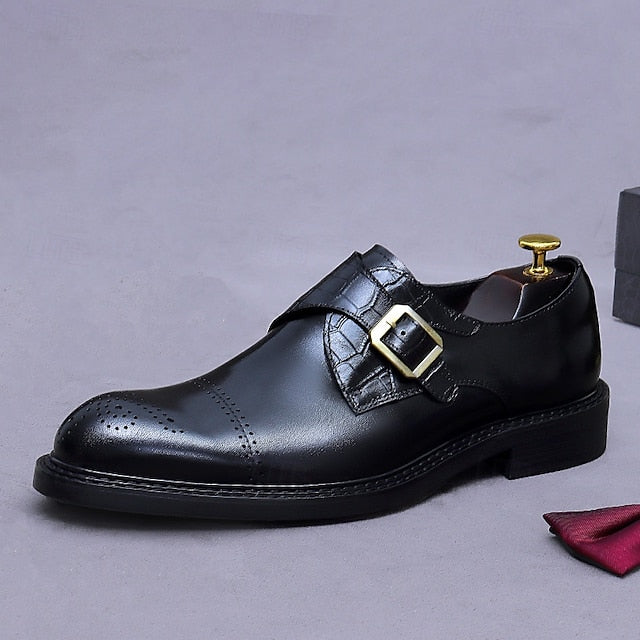 Genuine Leather Strap Black First Dress Monk Men's Shoes-