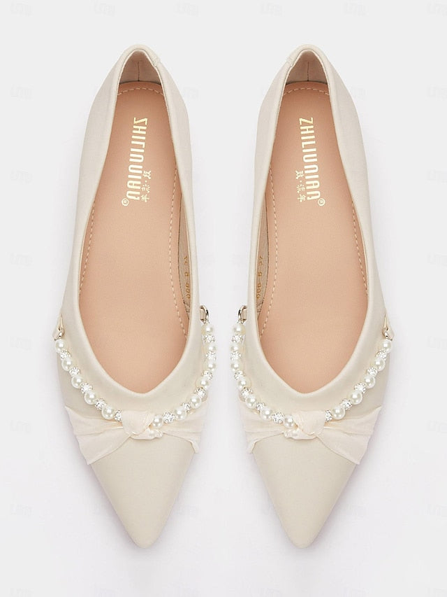 Heel Low Elegant Pointed Flats Embellished Pearl - Women's