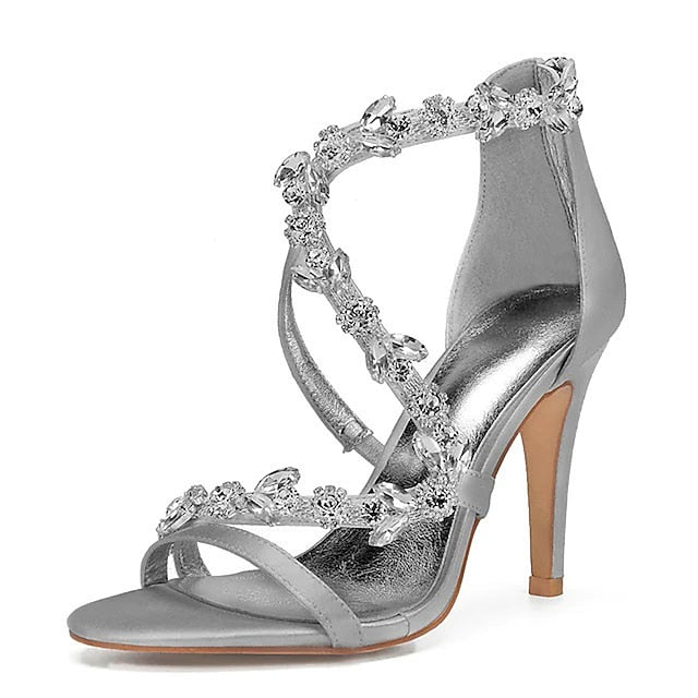 Floral Pink Sandals with High Heel Rhinestone Women's Satin
