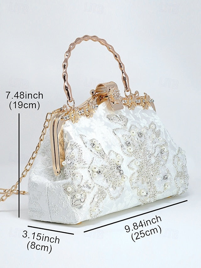 with White Floral Elegant Evening and Pearl Lace Handbag