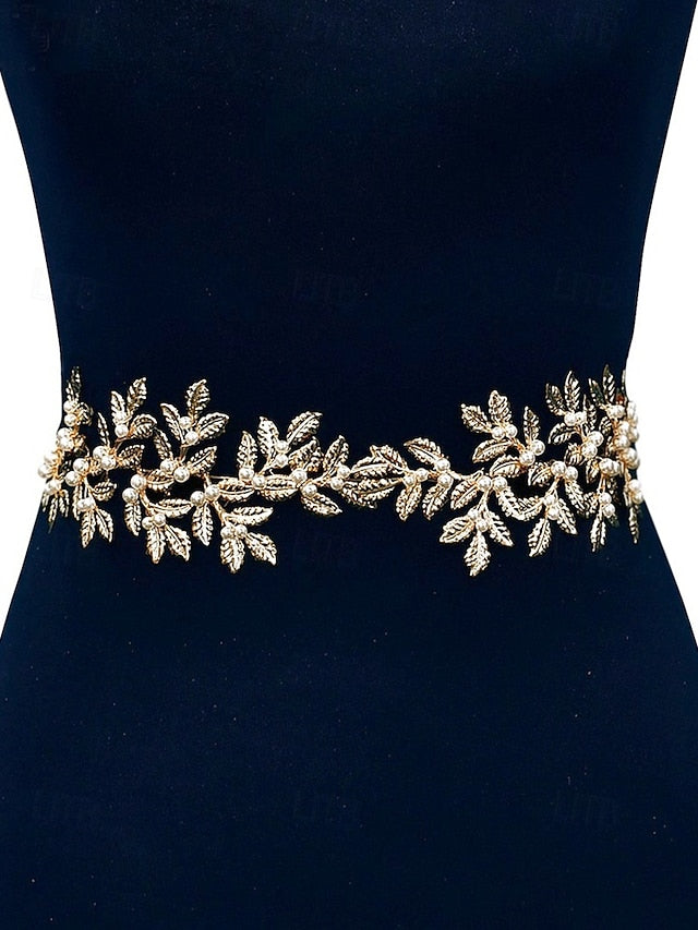 Accents Elegant Leaf with Pearl Bridal Gold Belt –