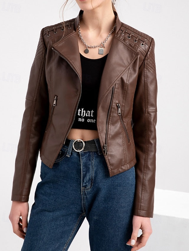 Pocket Leather Comfortable Jacket Zipper Faux Women's
