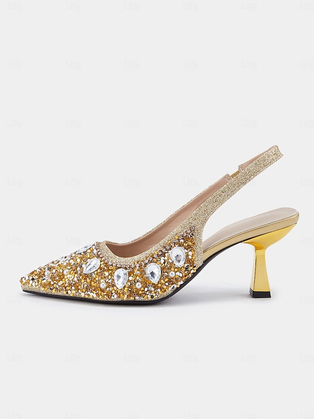 with Slingback Gold Rhinestone Heels Women's Pearl